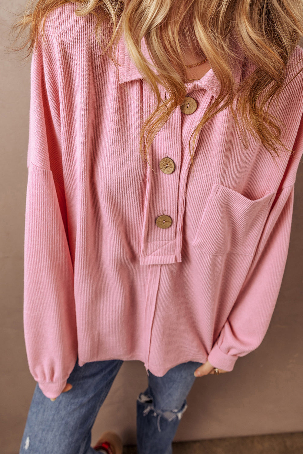 Pink Ribbed Knit Collared Henley Top with Chest Pocket