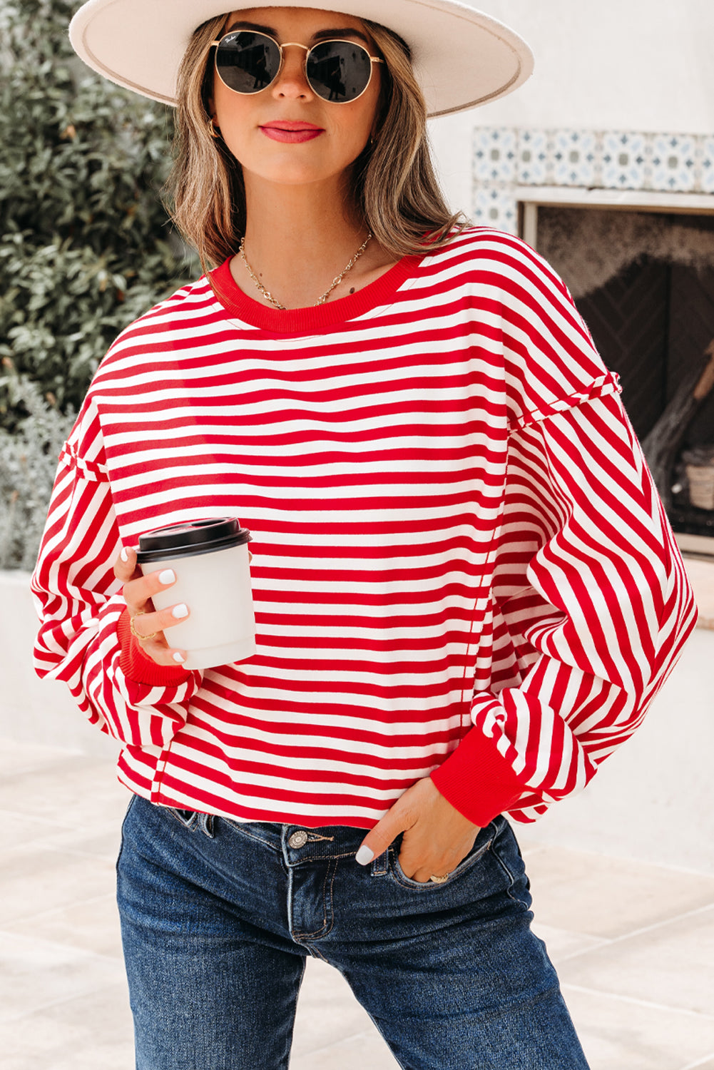 Red Stripe Exposed Seam Drop Shoulder Casual Pullover Top