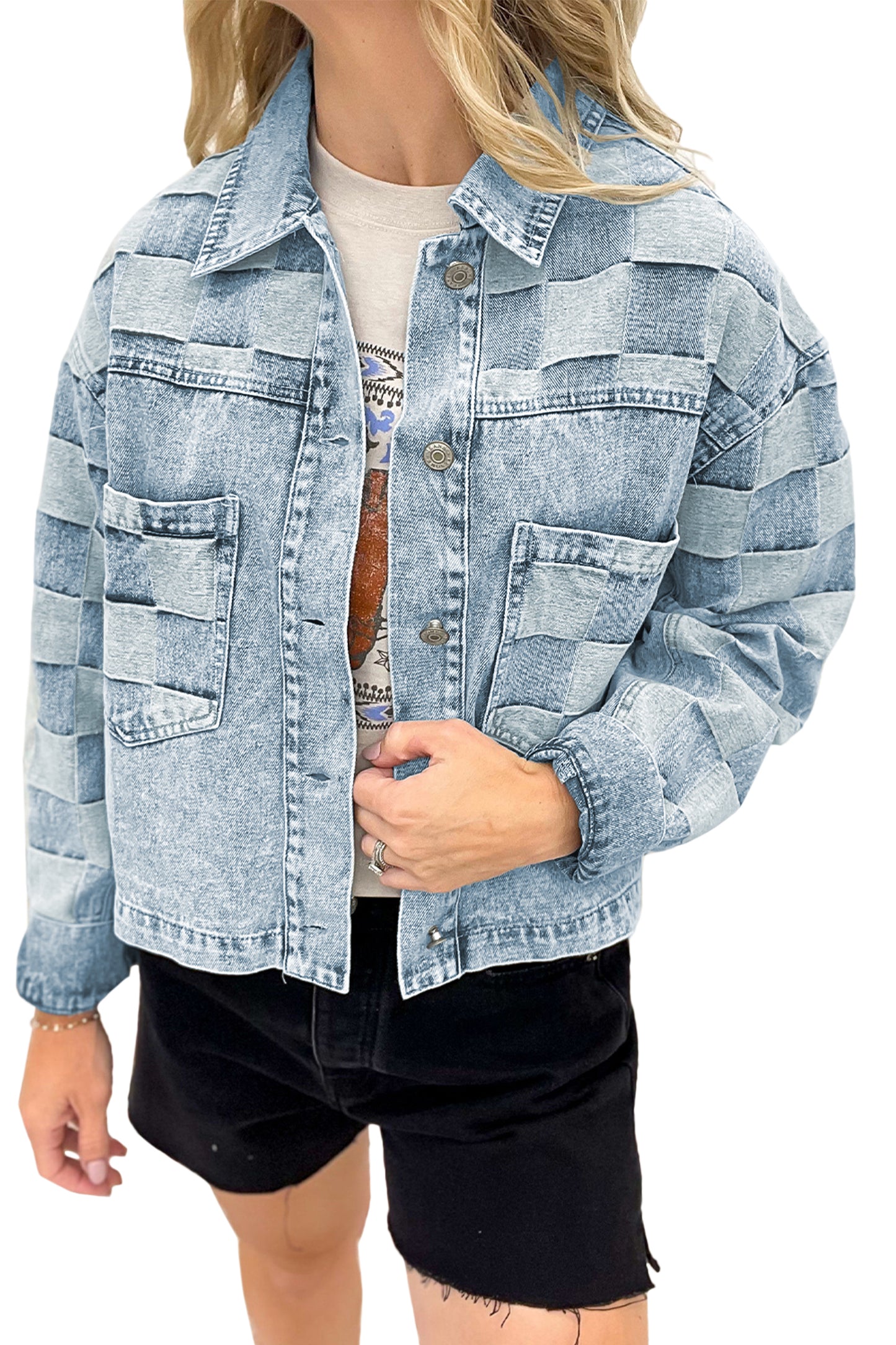 Beau Blue Denim Checkered Pattern Patchwork Womens Casual Jacket