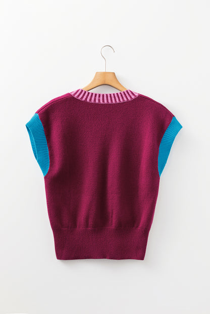 Burgundy Contrast Trim V Neck Cuffed Short Sleeve Loose Sweater