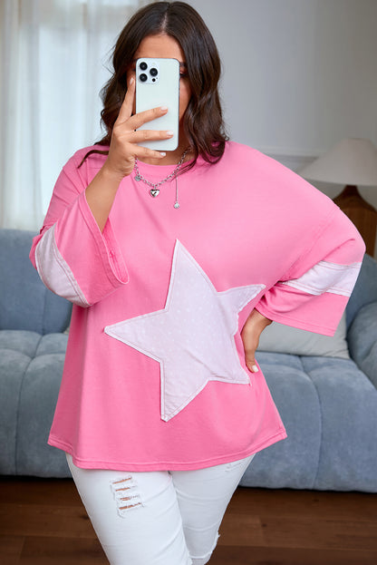Pink Star Patched Colorblock Raw Edge Bracelet Sleeve Plus Size Loose Tee