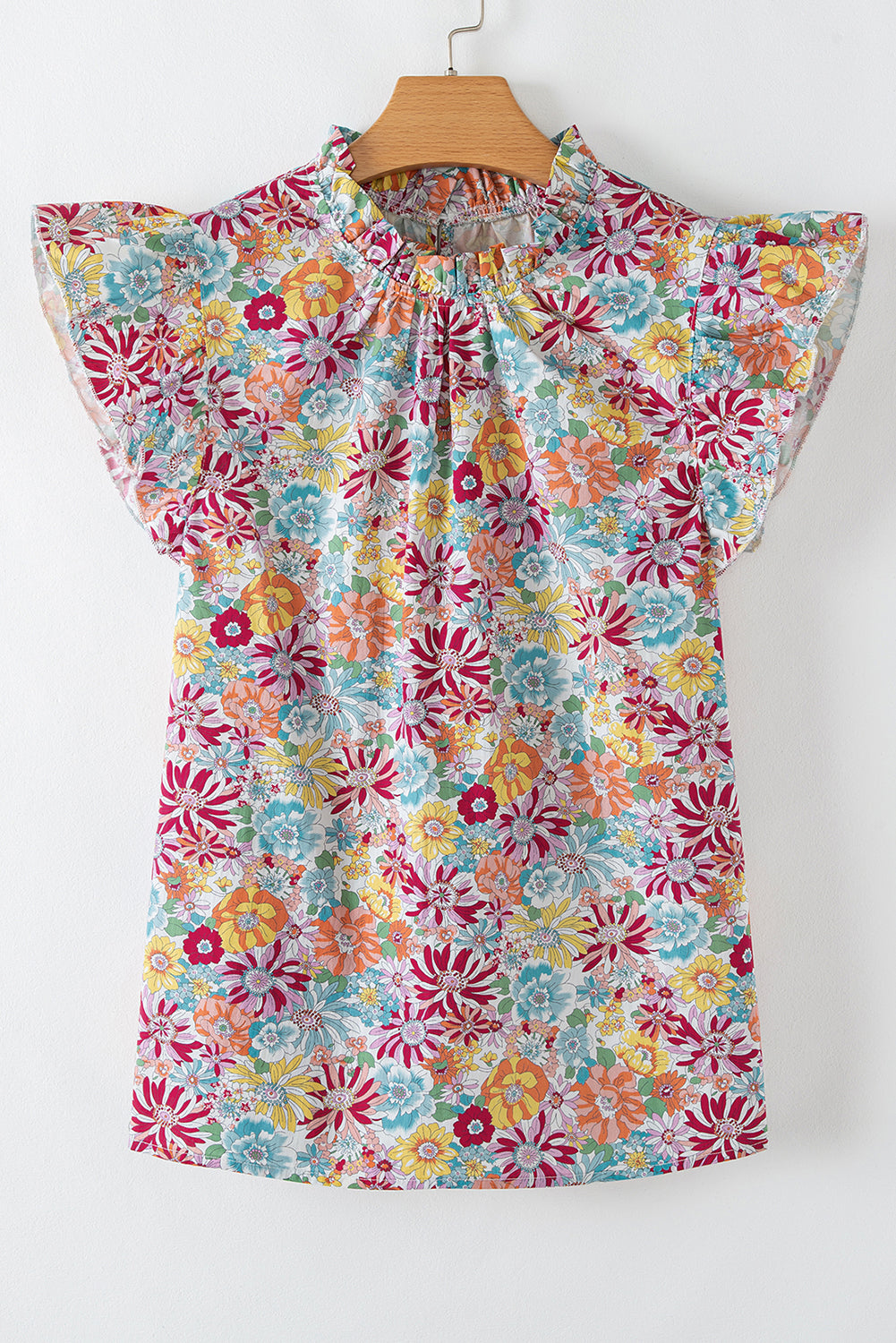 Multicolour Floral Pleated Detail Flutter Sleeve Blouse