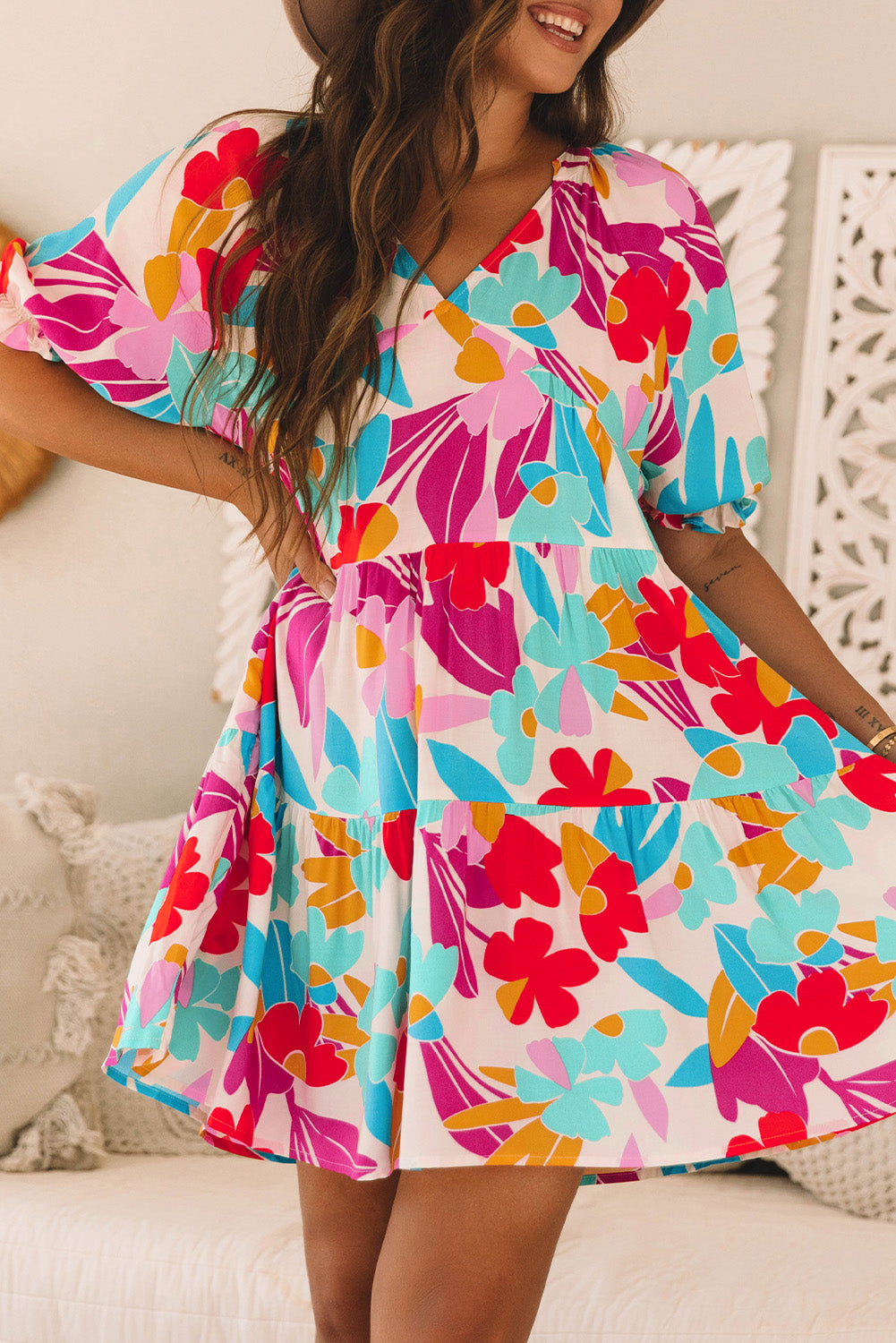 Rose Red Floral Bubble Sleeve V Neck Tiered Ruffle Babydoll Dress