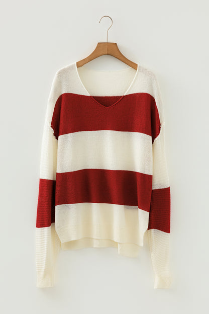 Red Stripe Loose Color Block Drop Shoulder Bubble Sleeve Sweater
