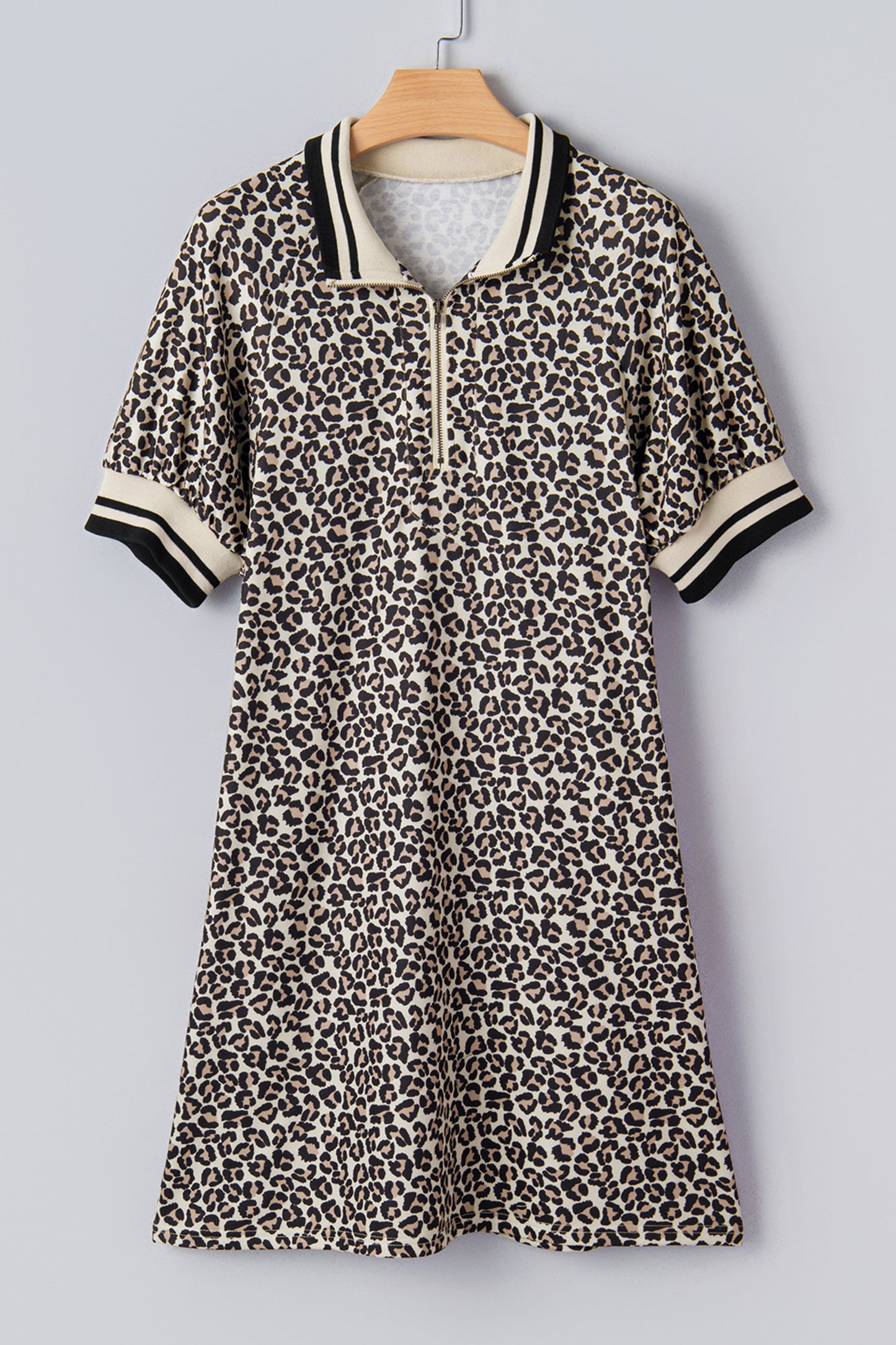 Khaki Leopard Print Zip Neck Striped Webbing Patchwork T Shirt Mini Dress