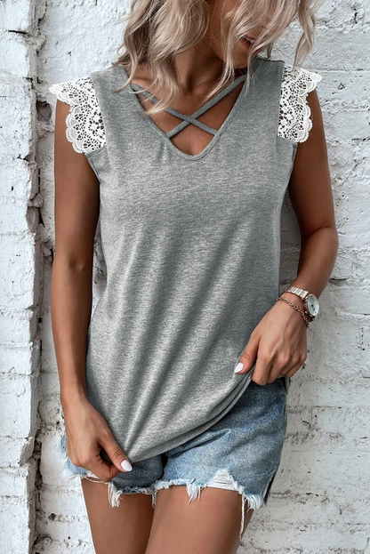 Gray Lace Patchwork Criss Cross V Neck Tank Top