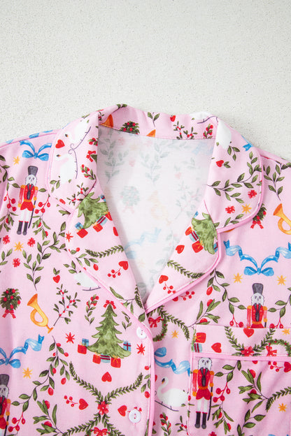 Pink Nutcracker Doll Christmas Print Ribbon Tie Waist Short 2pcs Pajama Set