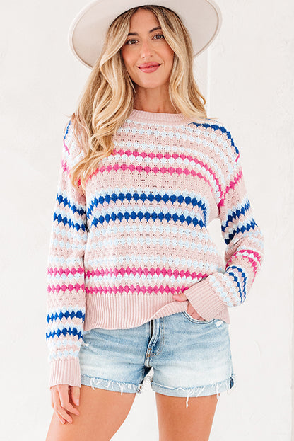 Brown Stripe Eyelet Patterned Drop Shoulder Sweater
