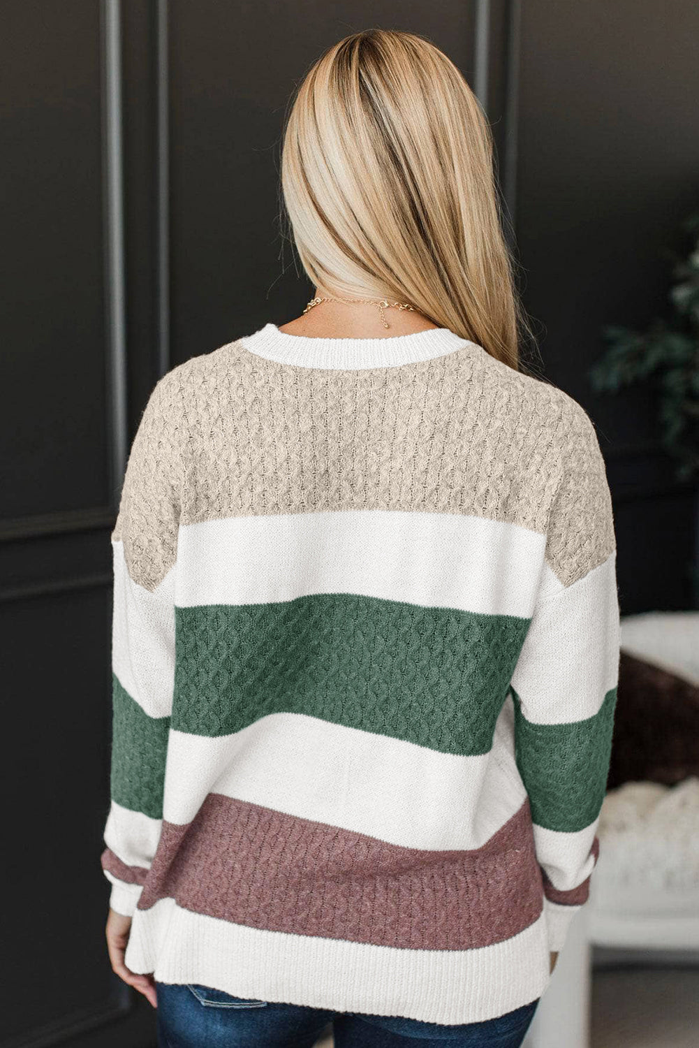 Green Mixed Texture Knit Striped Color Block Loose Sweater