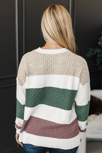 Brown Mixed Texture Knit Striped Color Block Loose Sweater