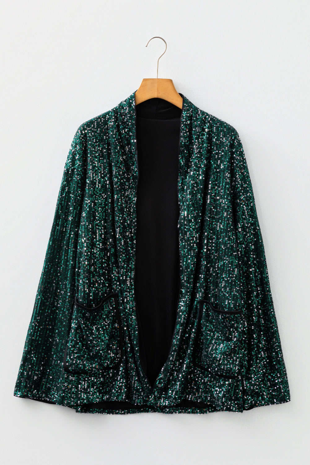 Evergreen Glitter Sequin Open Front Long Sleeve Top