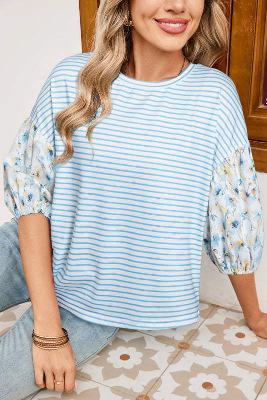 Sky Blue Stripe Floral Three Quarter Sleeves Patchwork Drop Shoulder Top