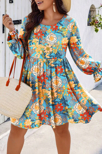 Blue Plus Size Floral Ruffled Long Sleeve Flowy Mini Dress