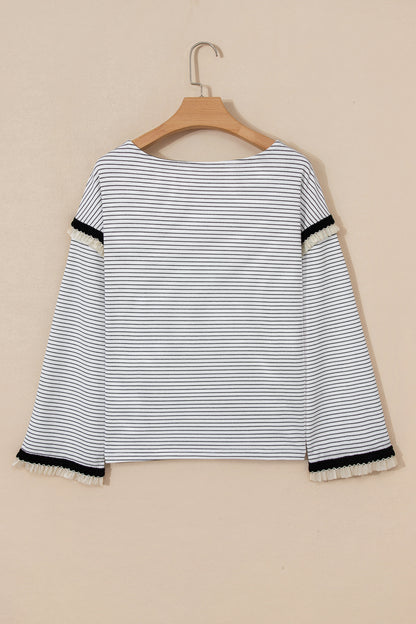 White Stripe Contrasted Ruffle Trim Loose Long Sleeve Top
