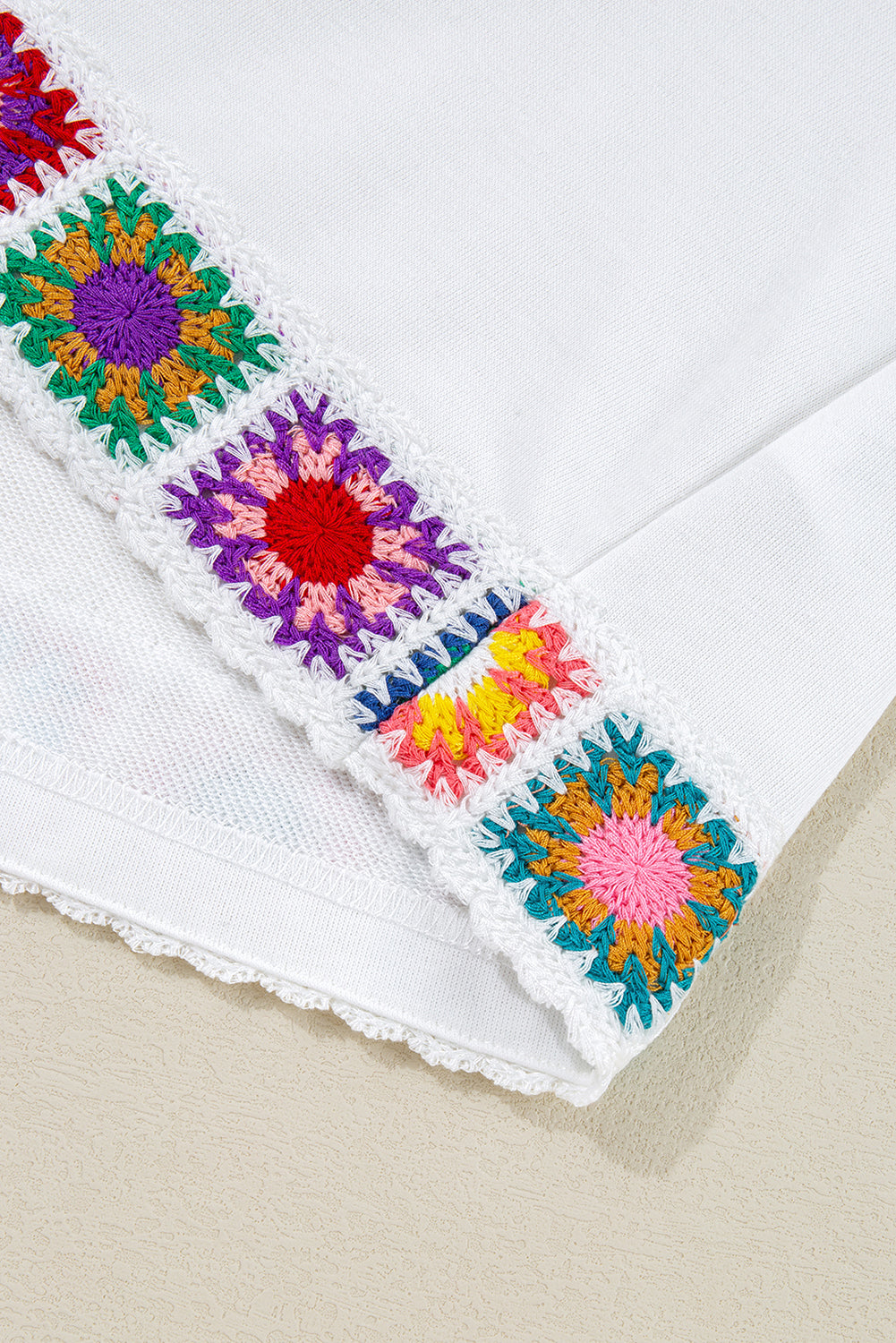 White Floral Crochet Patched Ruffled Sleeve Crewneck Blouse