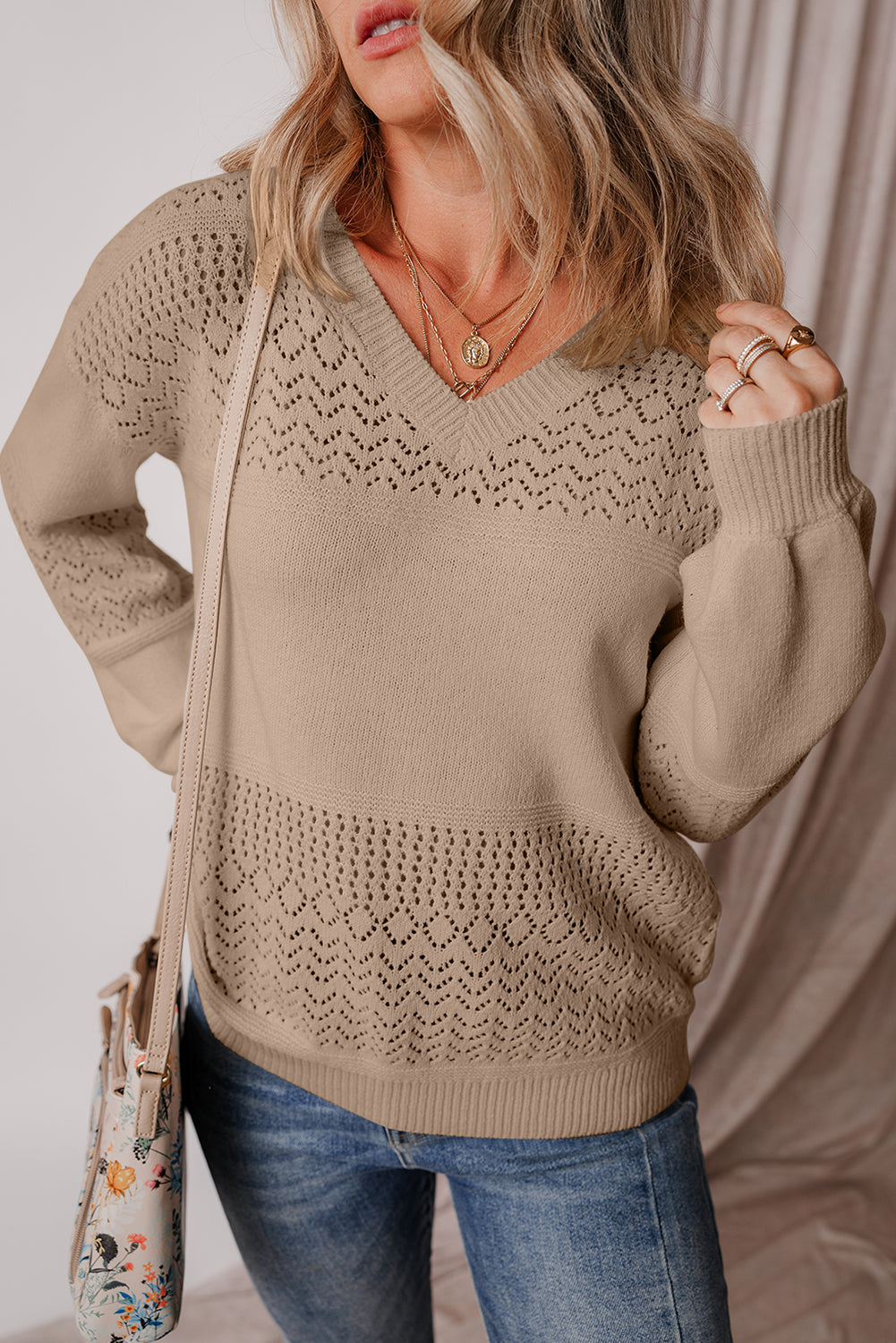 Camel Eyelet Pattern Detail V Neck Drop Shoulder Sweater