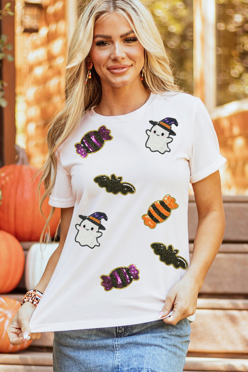 White Sequined Halloween Spirit Pattern Patched Custom Casual Tee