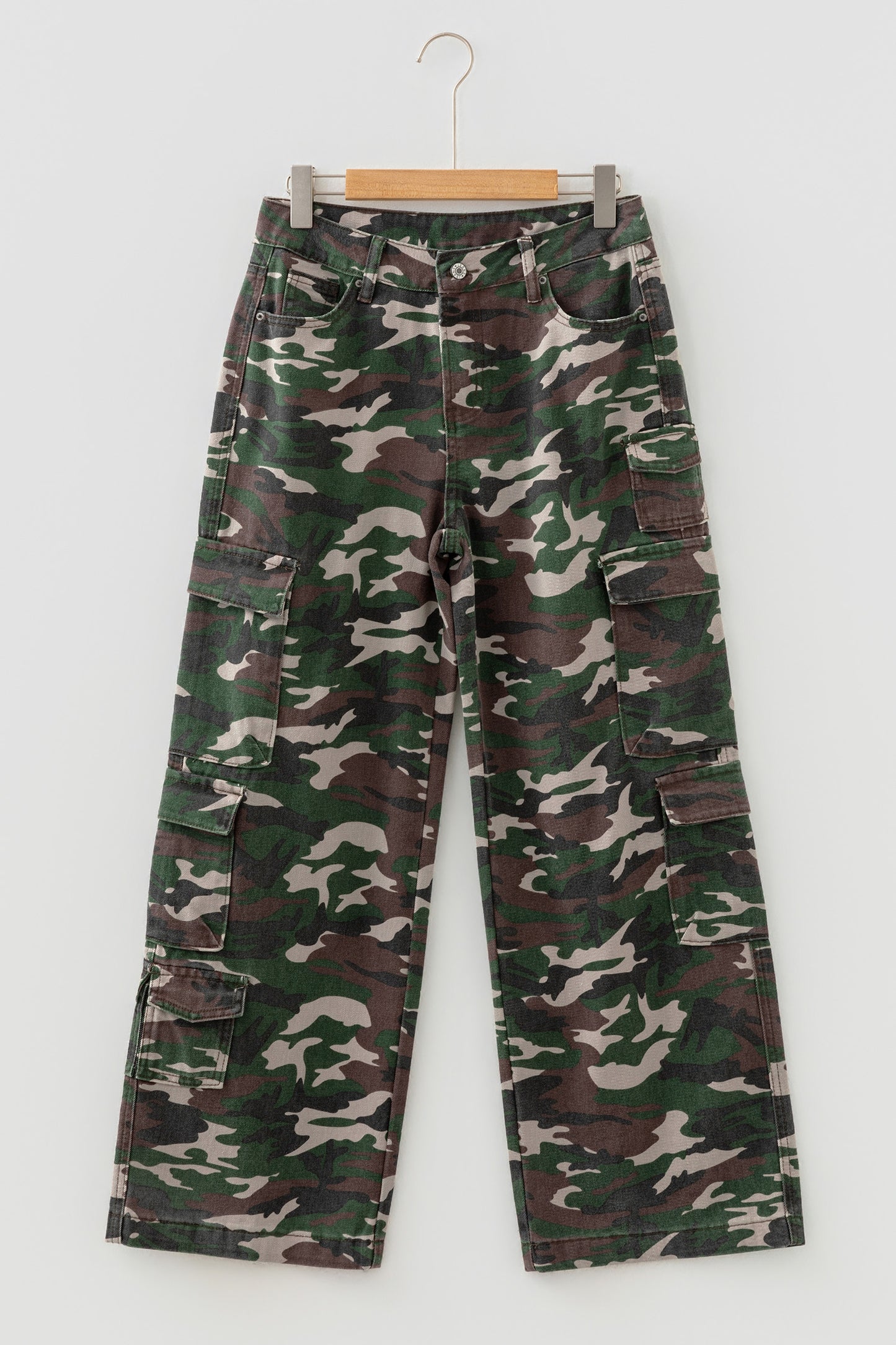 Green Camo Denim Cargo Wide Leg Pants