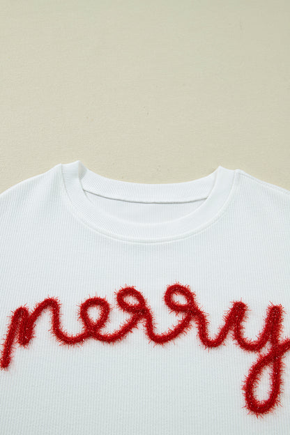 White Merry Tinsel Letter Embroidery Ribbed Drop Shoulder Sweatshirt