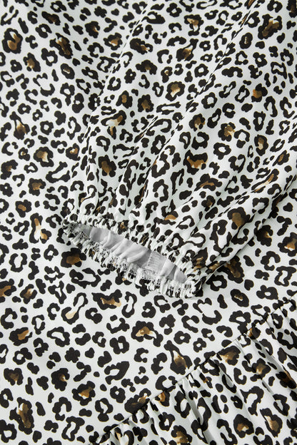 Khaki Plus Size Buttoned Contrast Trim Puff Sleeve Leopard Print Blouse