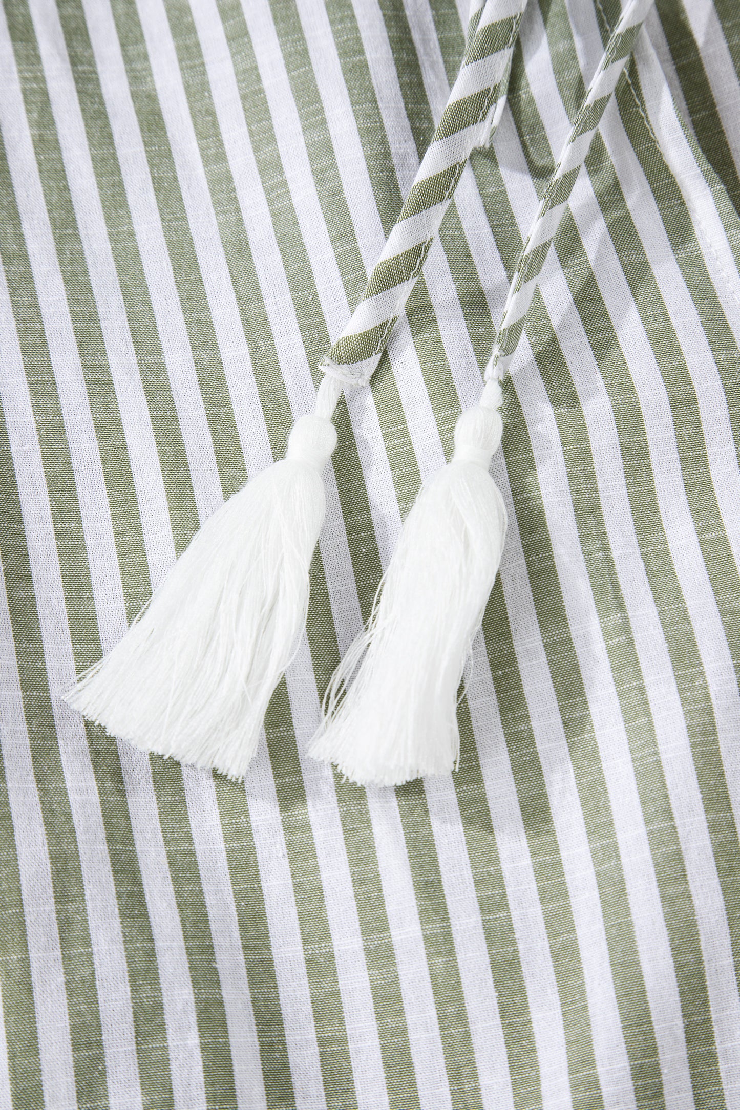 Green Stripe Tasseled Tie Neck Ruffled Short Sleeve Tiered Flattering Dress