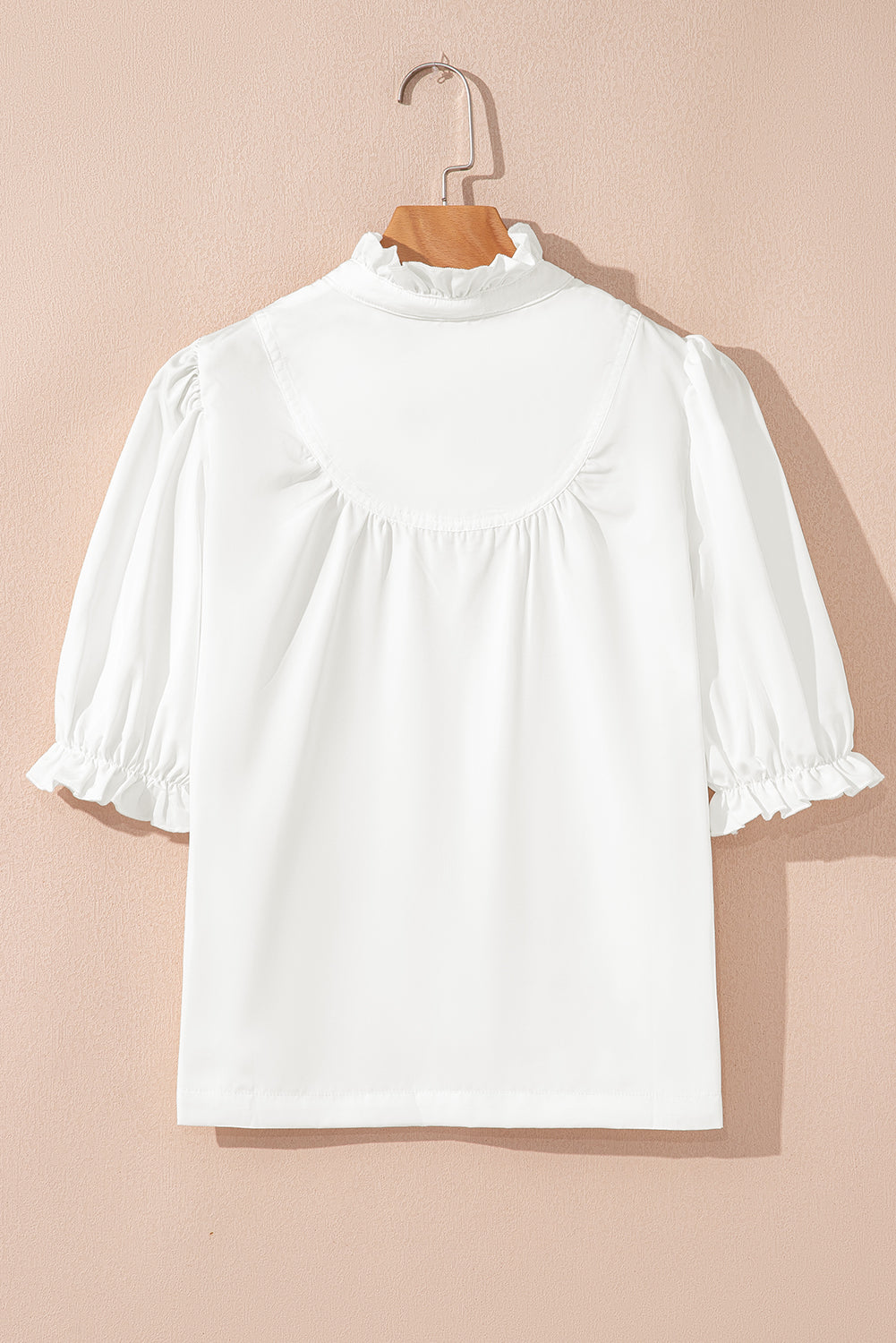 White Frilled Edge Half Button Stand Neck Bubble Sleeve Blouse