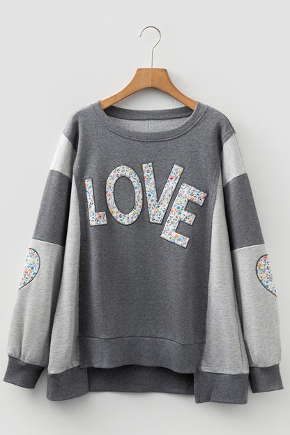 Dark Grey LOVE Graphic Exposed Seam Patchwork Uneven Hem Chic Sweatshirt