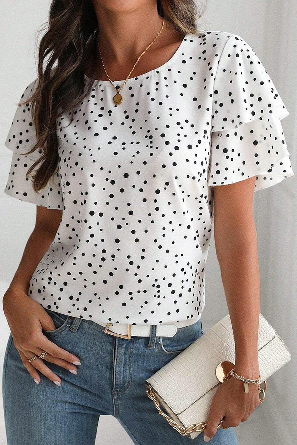 White Dalmatian Print Layered Ruffled Short Sleeve Blouse