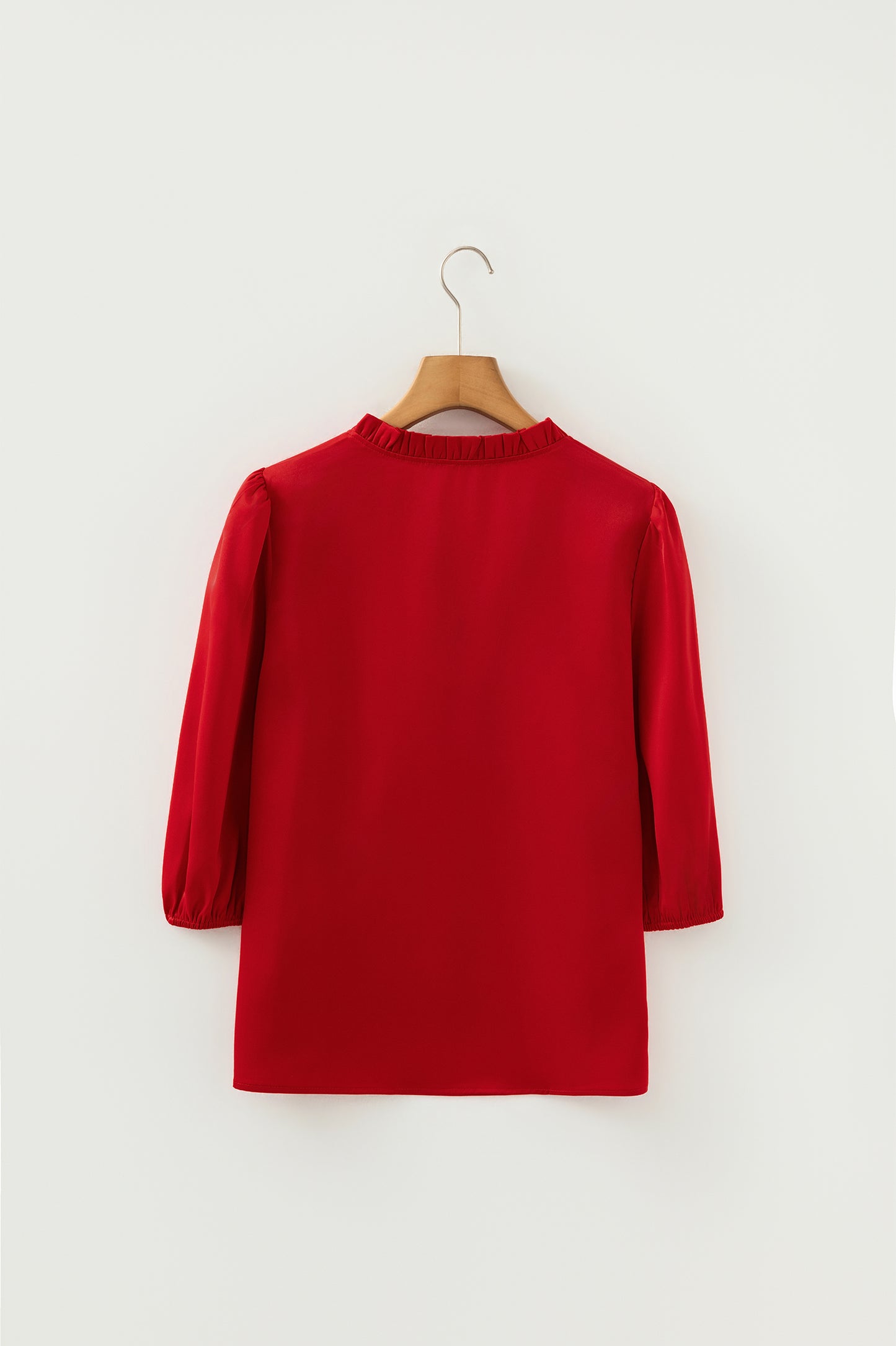 Fiery Red Solid Color Frilled V Neck Bow Detail 3/4 Sleeve Blouse