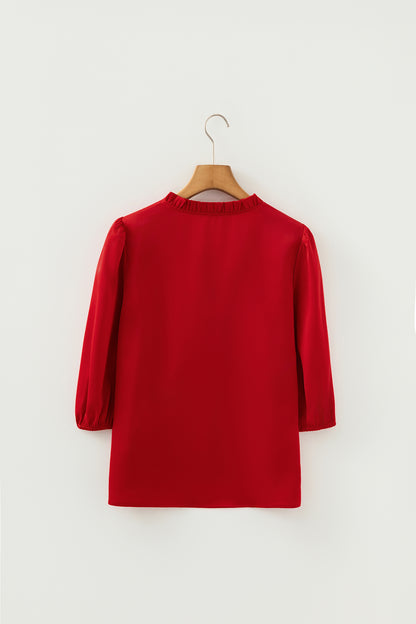 Fiery Red Solid Color Frilled V Neck Bow Detail 3/4 Sleeve Blouse