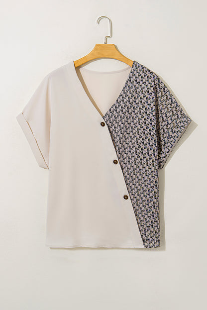 Oatmeal Contrast Geometric Print Patchwork V Neck Short Sleeve Plus Size Top