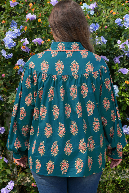 Green Plus Size Floral Print Contrast Lacy Trim Pleated Loose Shirt