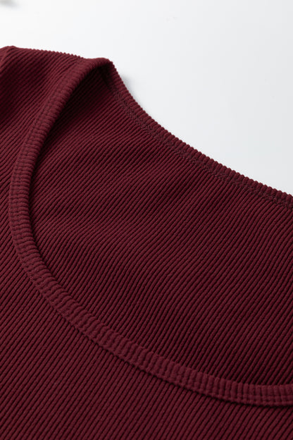 Coffee Ribbed Solid Color U Neck Cropped Long Sleeve Top