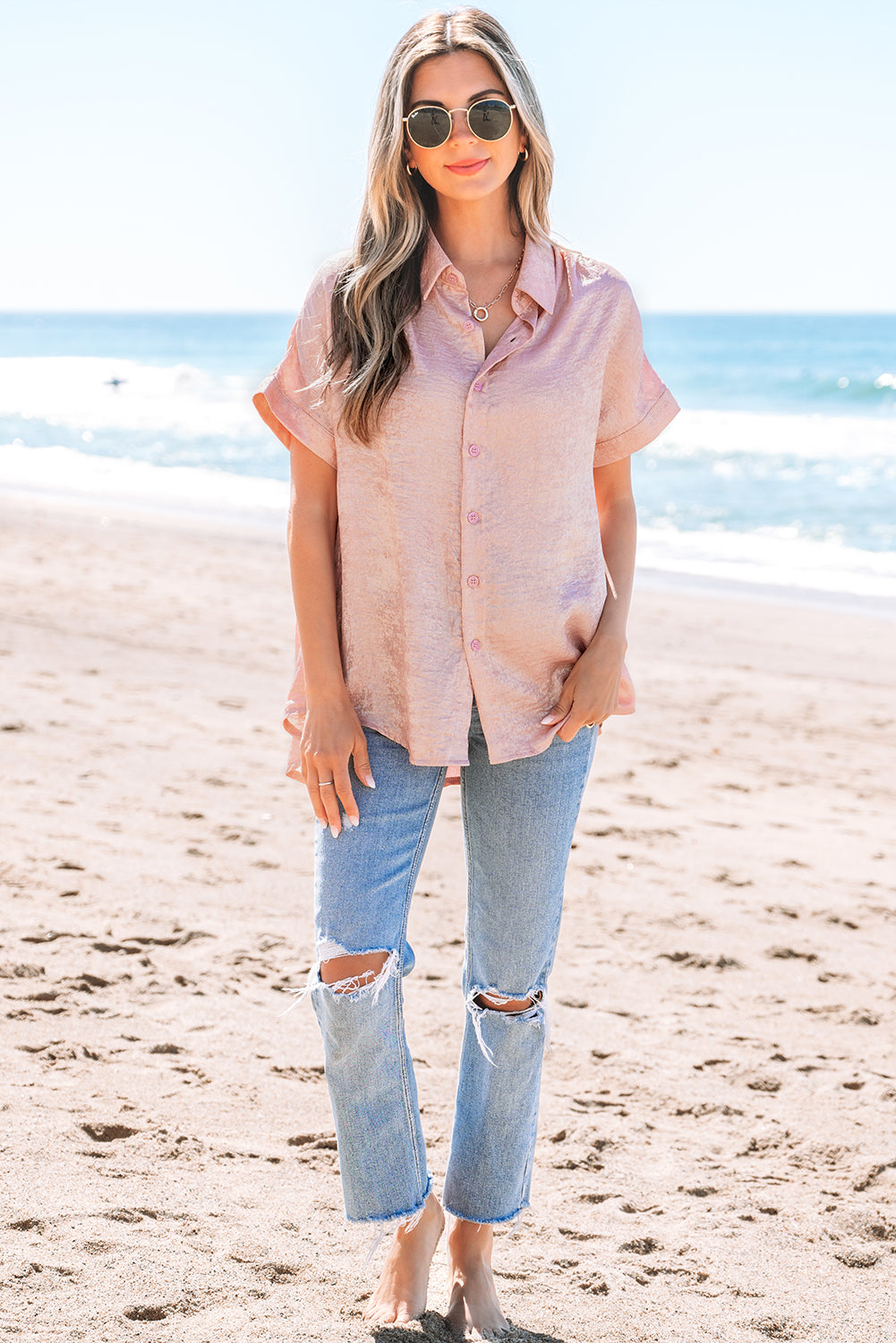 Delicacy Metallic Buttoned Loose Fit Short Sleeve Shirt