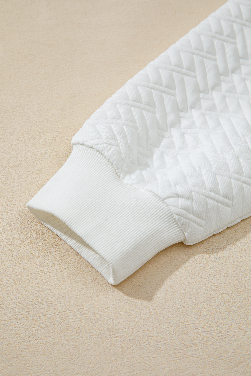 White Textured Pocketed Collared V Neck Pullover Sweatshirt