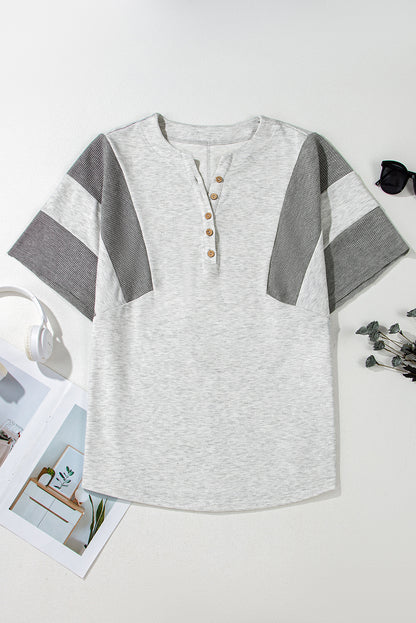 Dearlovers Light Grey Two Tone Contrast Waffle Knit Patched Buttoned V Neck Top