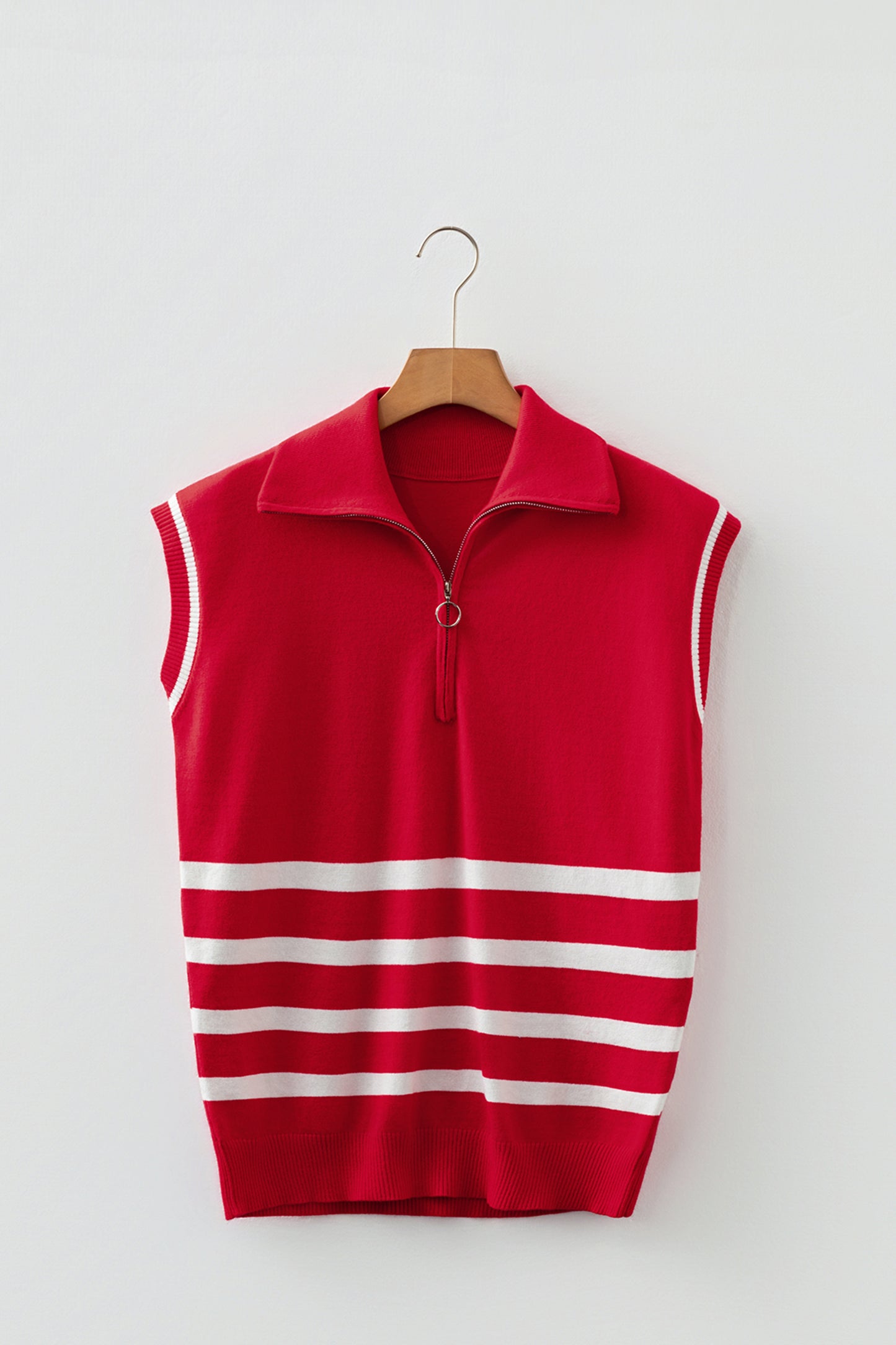 Fiery Red Quarter Zip Striped Detail Short Sleeve Sweater
