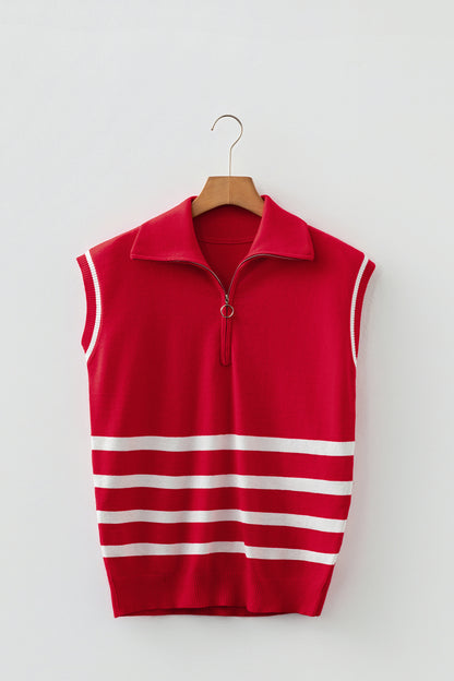 Fiery Red Quarter Zip Striped Detail Short Sleeve Sweater