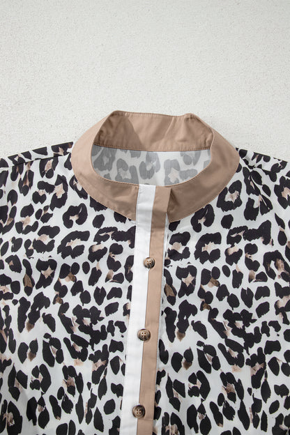 Multicolour Leopard Print Contrast Trim Button Split Neck Plus Long Sleeve Top
