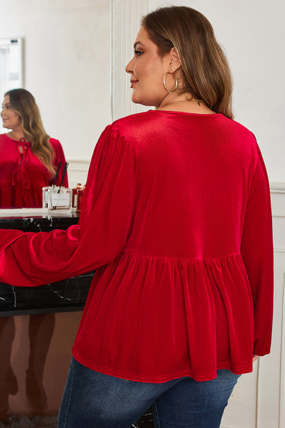 Red Clay Plus Size Tie Front Velvet Peplum Blouse