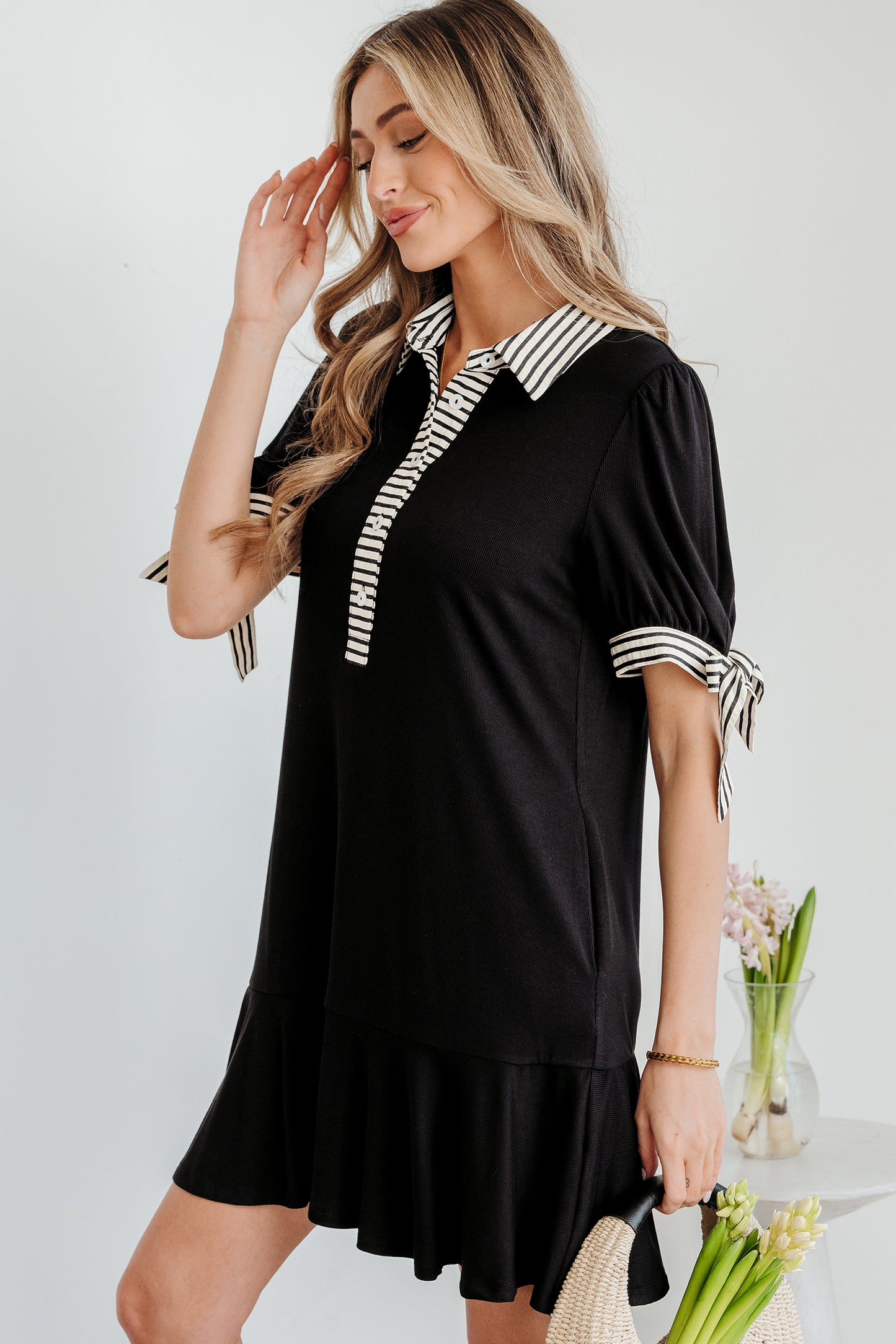 Black Stripe Detail Polo Collar Half Buttons Tied Short Sleeve Shift Mini Dress