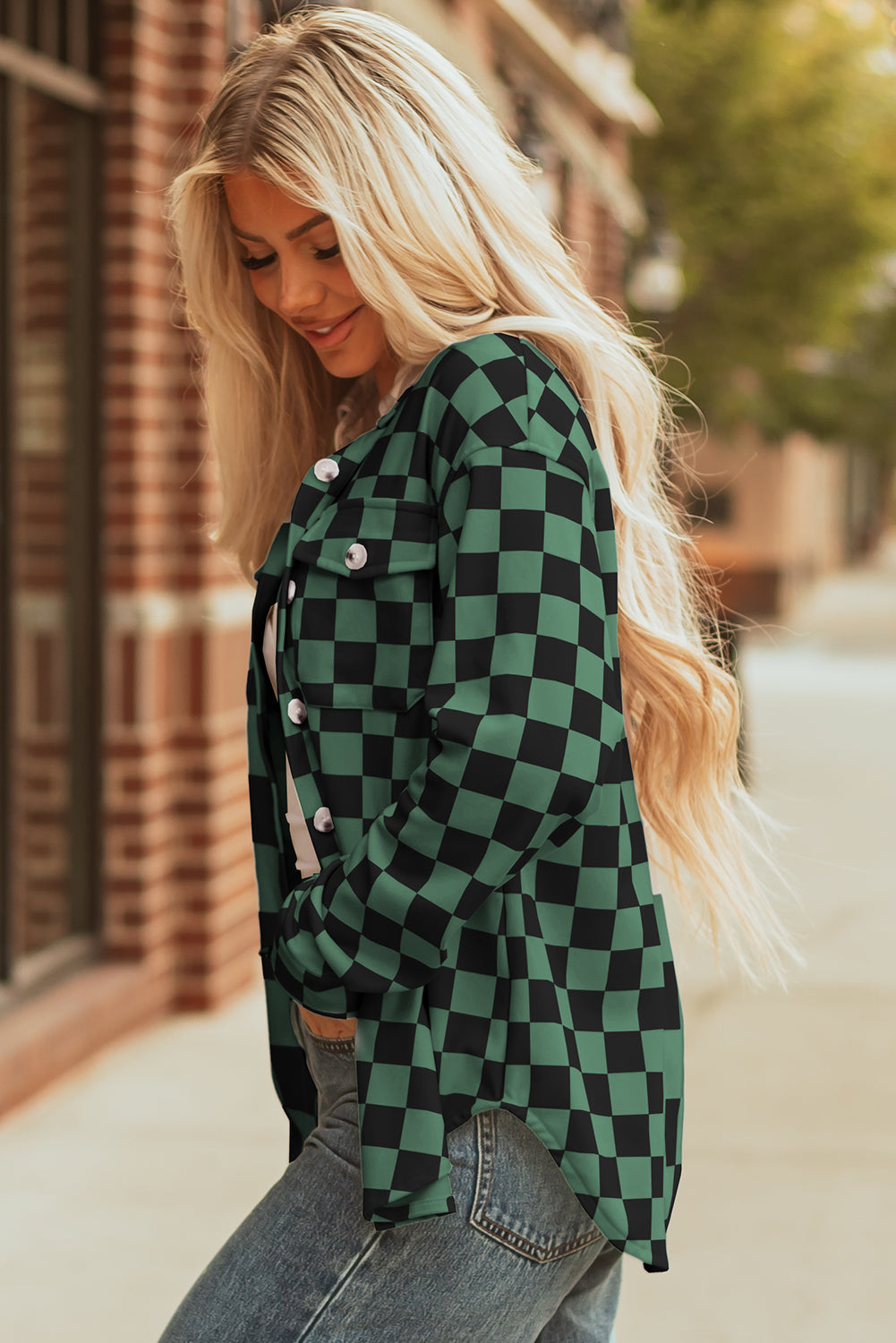 Green Checkerboard Flap Pocket Button Front Shacket
