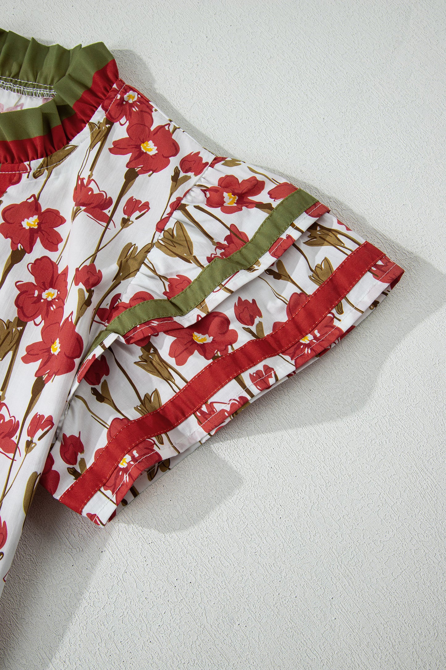 Red Floral Print Contrast Trim V Neck Double Ruffled Short Sleeve Blouse