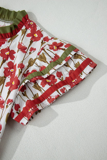 Red Floral Print Contrast Trim V Neck Double Ruffled Short Sleeve Blouse