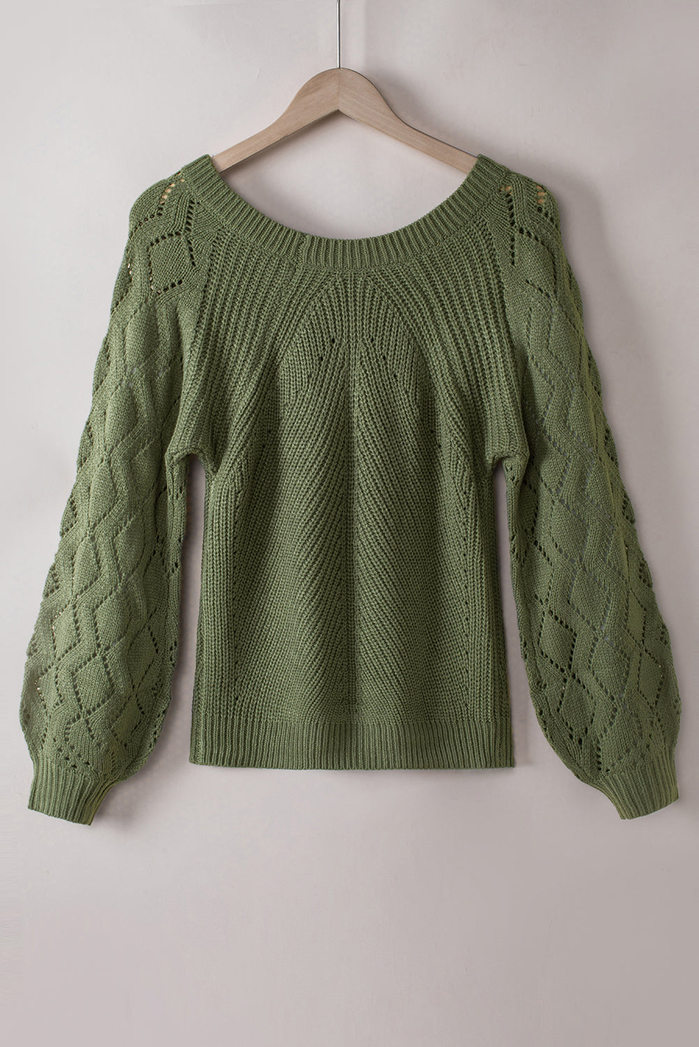 Green Hollow-out Puffy Sleeve Knit Sweater