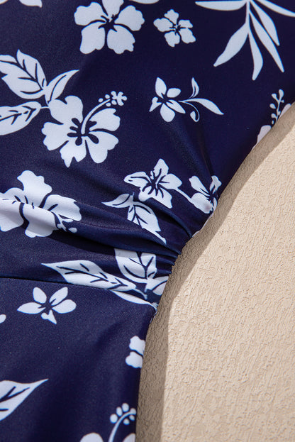 Blue Crossed Back Floral Print Asymmetric Knot Side One Piece Swimsuit