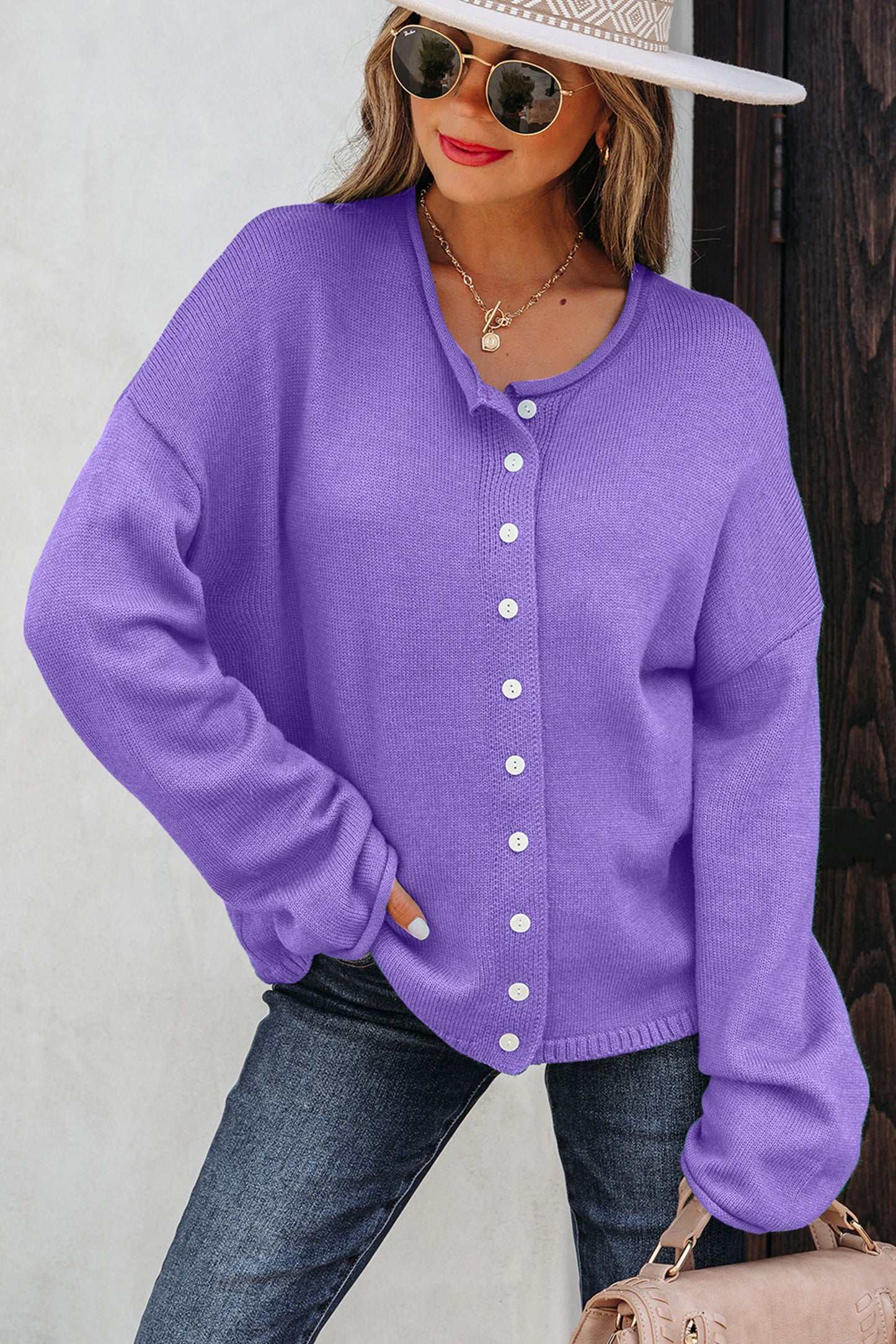Wisteria Solid Color Knit Button Drop Shoulder Sweater Cardigan