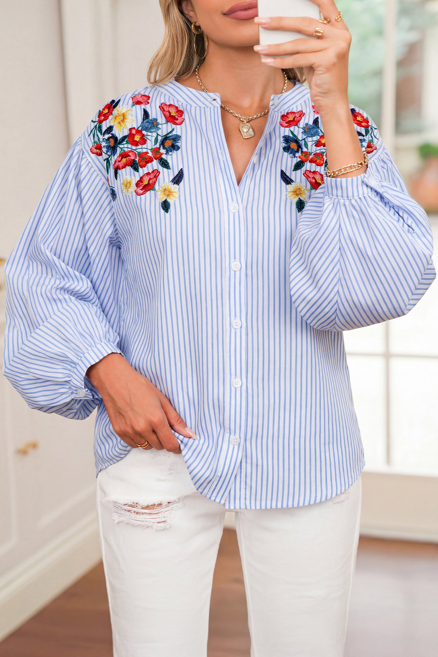 Sky Blue Stripe Floral Embroidered Billowy Sleeve Tunic Baggy Shirt