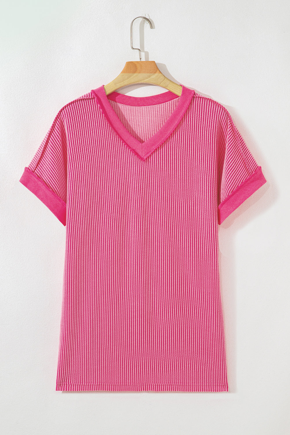 Rose Red Twisted Ribbed Knit V Neck Casual Tee