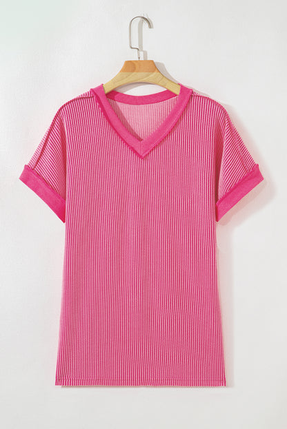 Rose Red Twisted Ribbed Knit V Neck Casual Tee